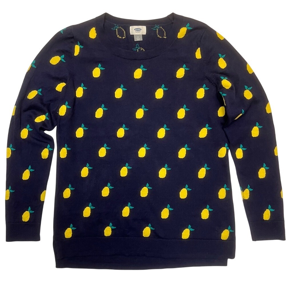 Old Navy Lightweight‎ Sweater Navy Blue w/ Yellow Lemons 100% Cotton Size M